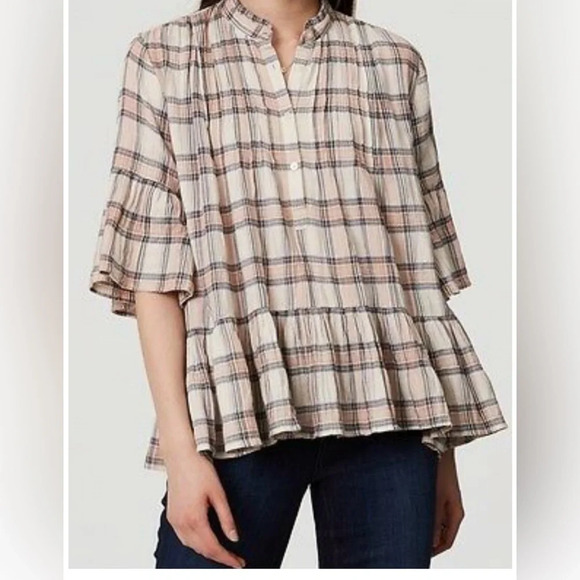 Loft Plaid 1/2 Bell Sleeve Ruffle Peplum Hem Blouse M - Picture 1 of 15